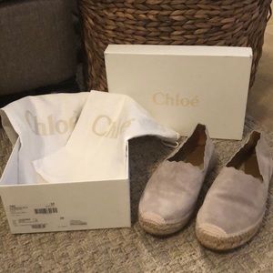 Chloe: Lauren Scalloped Suede Espadrilles in Grey